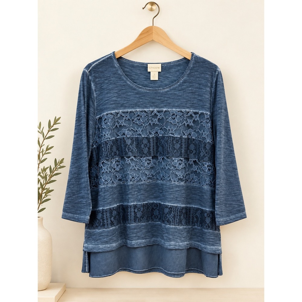 Chicos Blue Lace Inset Slub Knit Tunic Top 3/4 Sleeve Size 3 XL